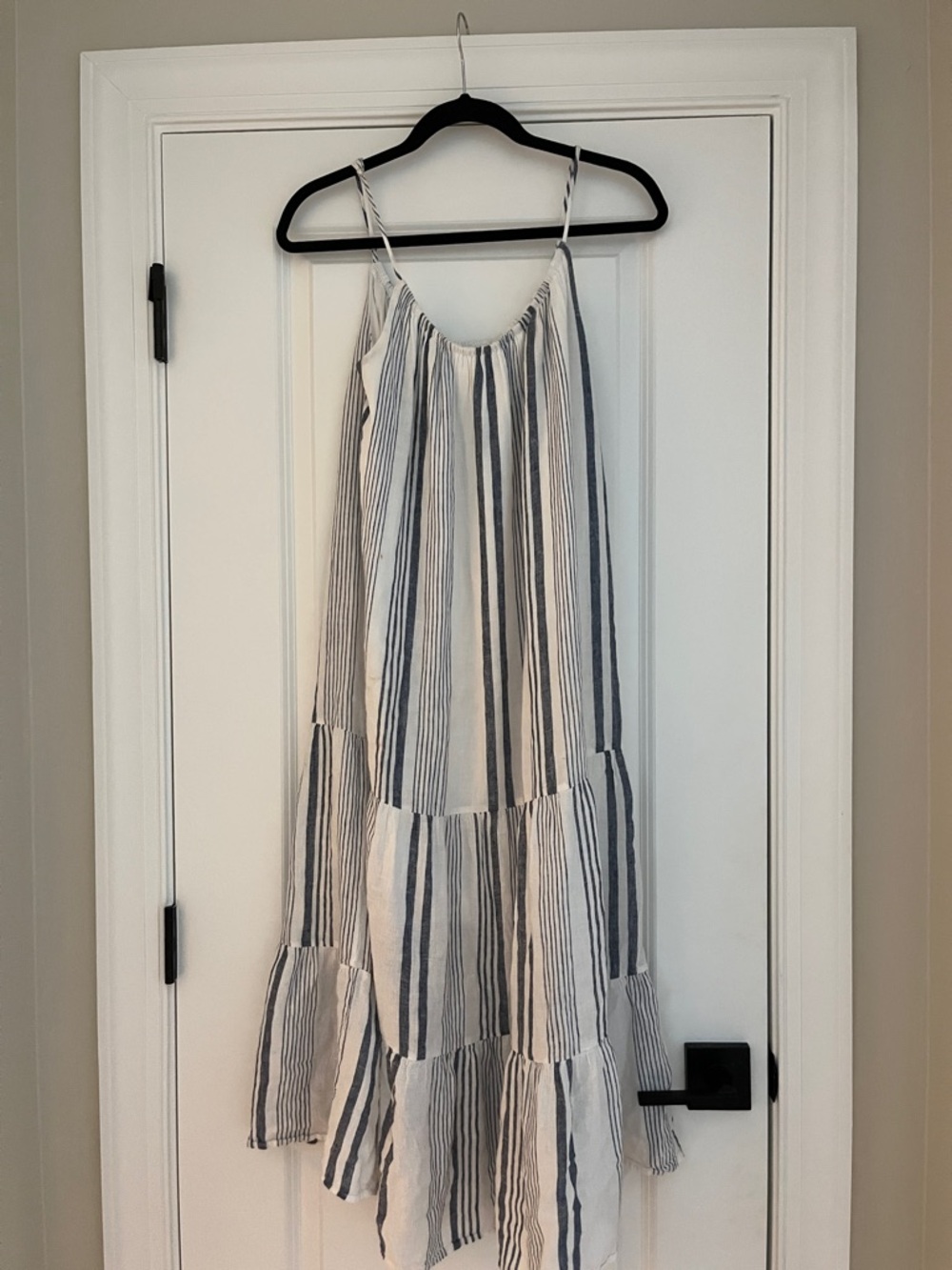 Striped Tiered Spaghetti Strap Maxi Dress - Blue & White